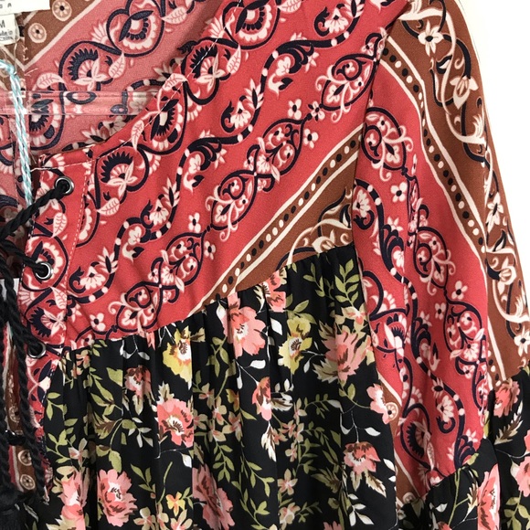 Boho Mixed Print Cottagecore Lace Up Dress S M L - Picture 3 of 4